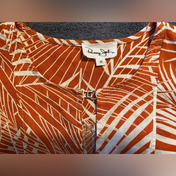 Panama Jack Womens Medium Orange White Palm Tropical Print Linen Blend Blouse - Picture 3 of 6